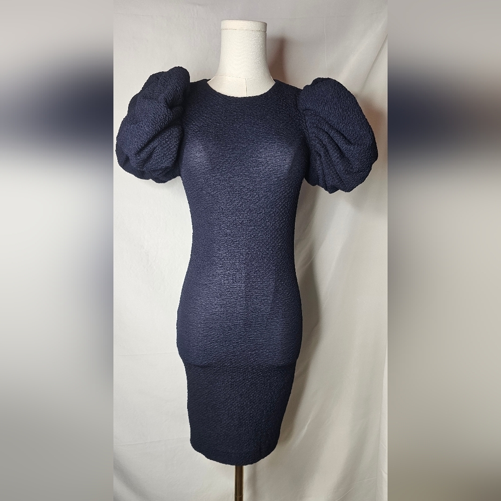 Rotate Birger Christensen Ruby Puff-Sleeve Mini Dress in Navy Blue Polyester - Picture 5 of 15